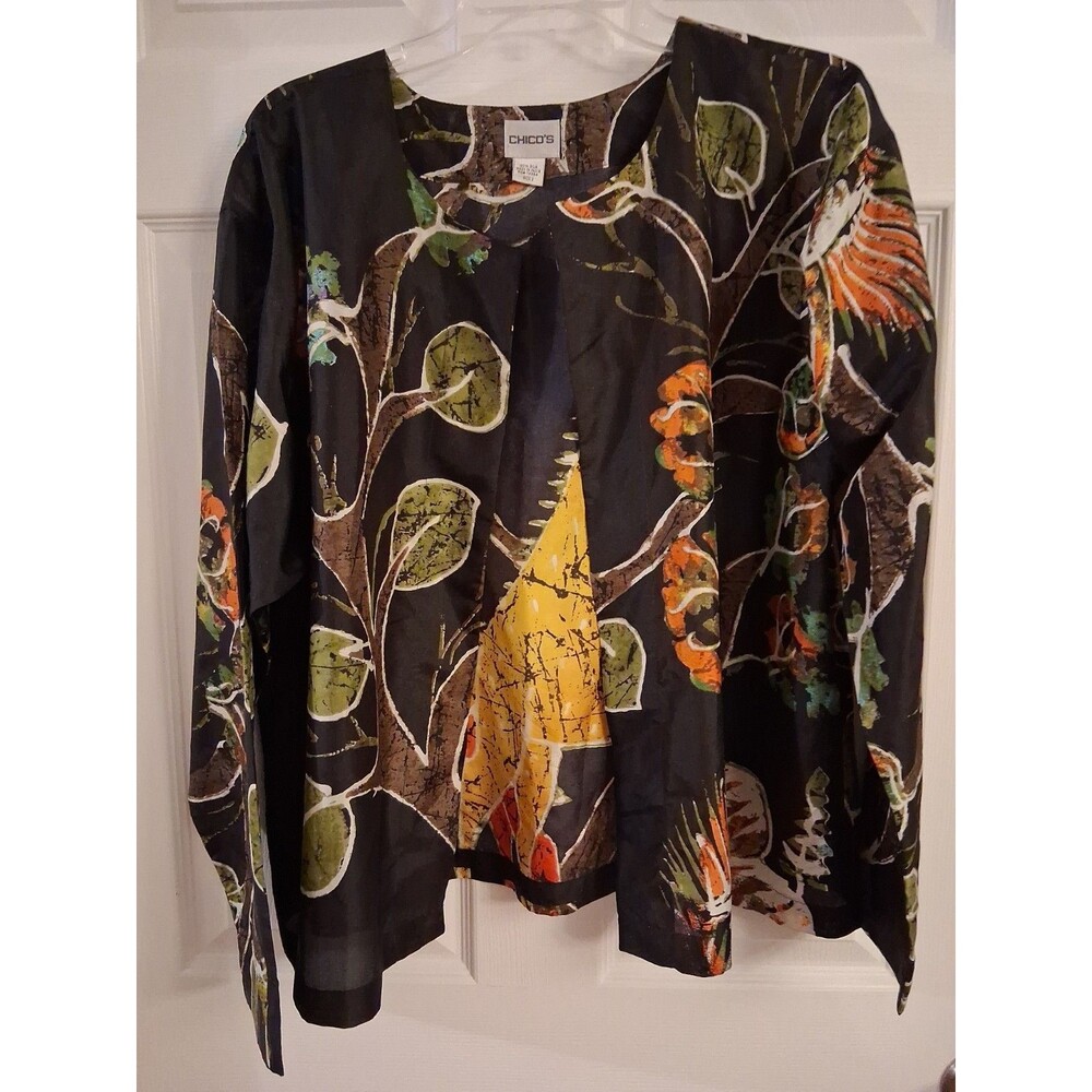 CHICO'S size 2  Boho Art To Wear Silk Artsy Kimono Open Cardigan Top Black